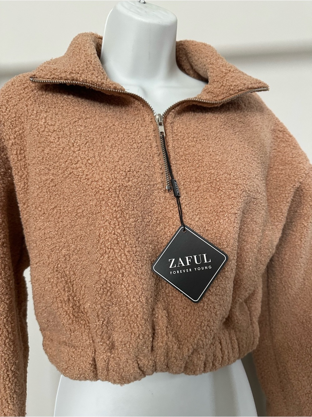 Zaful Camel Cropped Teddy Half-Zip Jacket